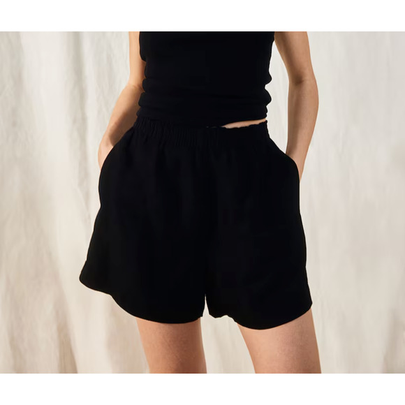 H&M Black Linen-Blend Pull-On Shorts Sz Small Relaxed Side Pockets High Waist - Picture 7 of 10